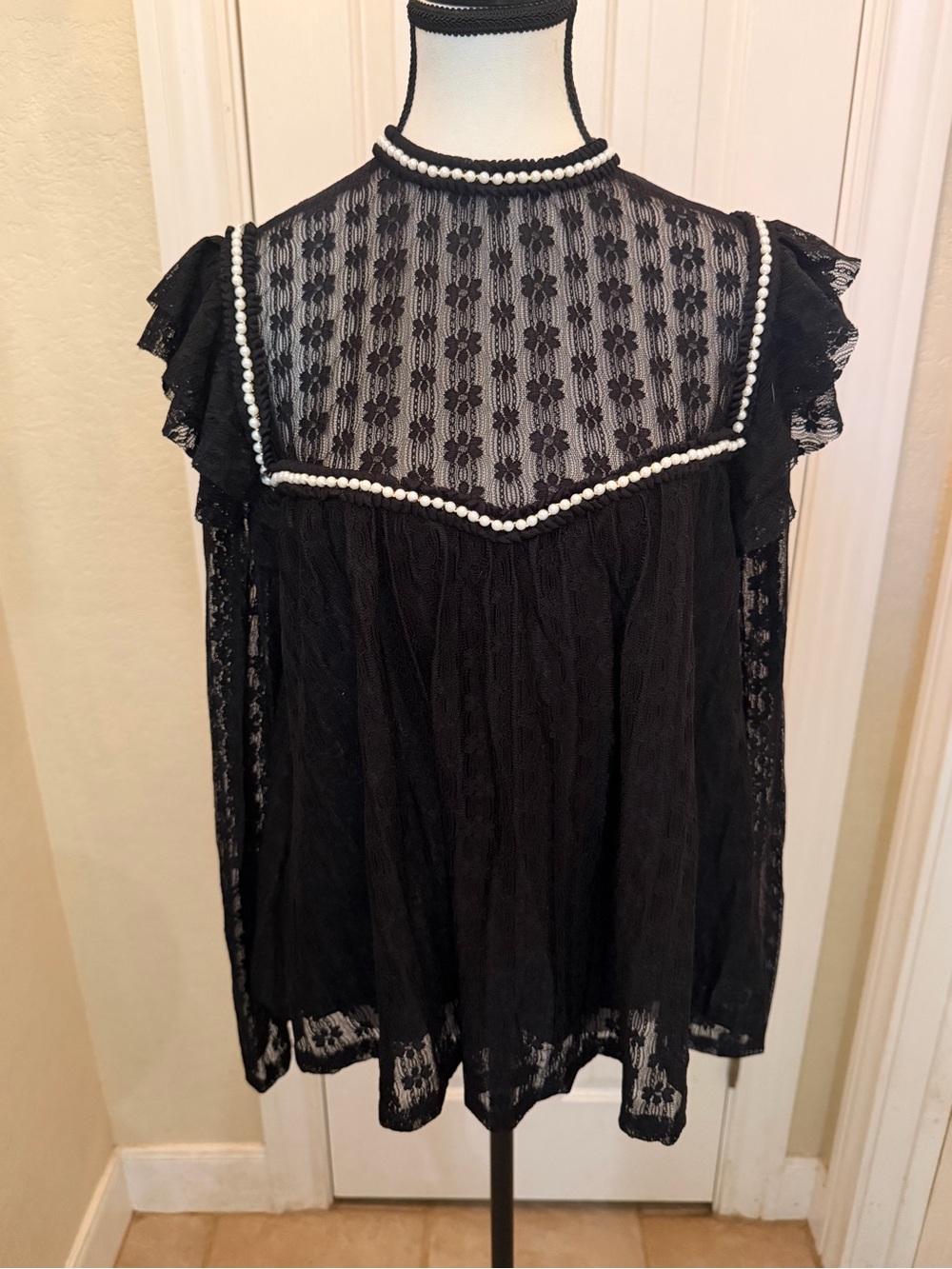 0023. Easel Black Lace High-Neck Blouse with Pearl Trim